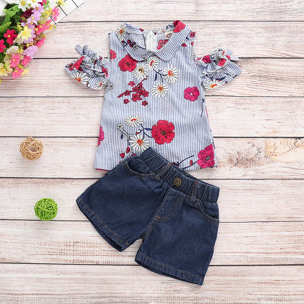 baby summer clothes girls easter outfit Floral Striped  Button Up Tops+Denim Shorts Jean Toddler summer girl Clothes Sets