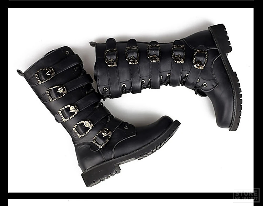 Ботинки в байкерском стиле; мужские ботинки для мотокросса; обувь в байкерском стиле из искусственной кожи; ботинки в байкерском стиле до середины икры с пряжкой; Ботинки martin в стиле панк; Цвет Черный