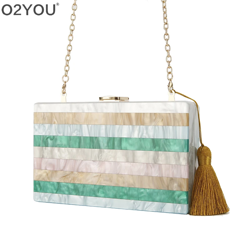 

Colorful Striped Patchwork Acrylic Bag Tassel Crossbody Messenger Shoulder Women Brand Evening Handbags Party Acrylic Box clutch