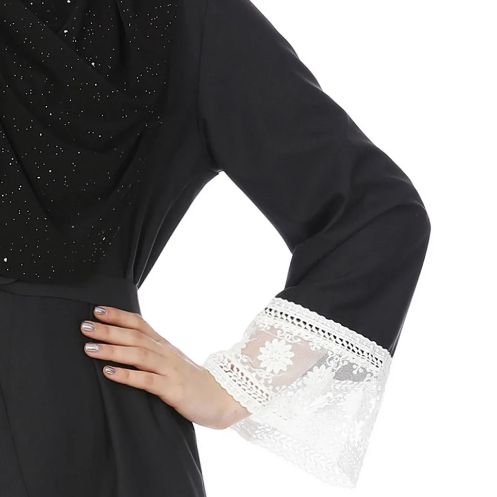 2019 мусульманское платье хлопковое длинное кружевное лоскутное черное кардиган длинный темперамент халаты поклонение длинное платье