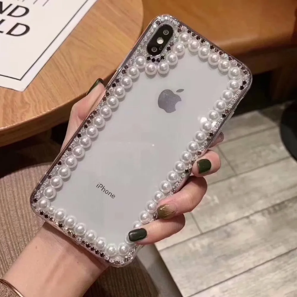 

XINGDUO Bling Jewelled luxury Pearl Mobile phone shell Transparent cover for Samsung Note 8 9 S9 S8 S10 Lite plus soft back case