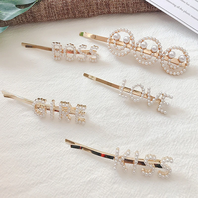 

Elegant Imitation Pearl Smile Face Hairpins Women Cool Girl Love Kiss Letter Gold Color Hair Accessories Hair Clips