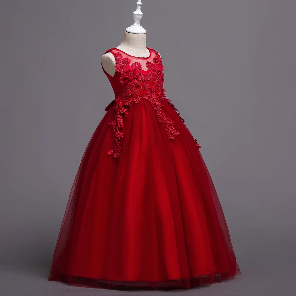 Модное Длинное Пышное кружевное платье с аппликацией для детей; элегантное вечернее платье с цветочным узором для девочек; платье для девочек; цвет белый, красный; платье для девочек