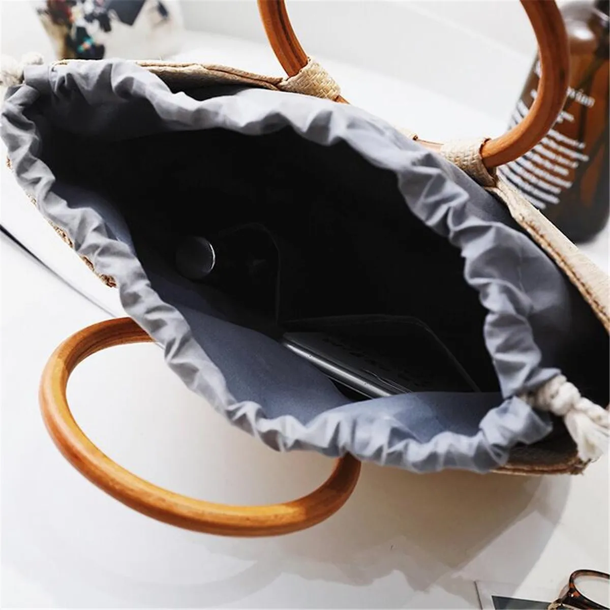AEQUEEN 2018 الصيف دائرة خشبية مقبض محبوك حقيبة يد حقائب قش ل حقيبة نسائية صغيرة حقيبة الروطان Crossbody حقيبة الشاطئ اليد حقيبة bolso