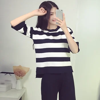 

2019 Women's moletom feminino inverno Fashion Casual Striped T-Shirt + Loose Calf-Length Wide Leg Pants