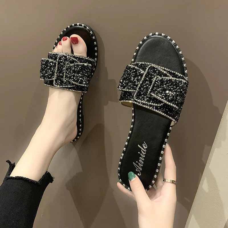 

HEE GRAND Summer Women Slides Casual Rhinestone Bling Slip on Outside Slippers Crystal Beach Flip Flops Ladies Shoes XWT1780