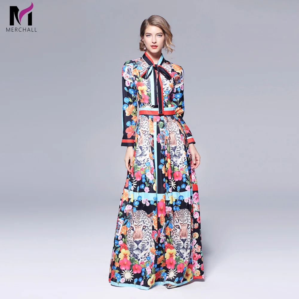 

New Arrival 2019 Designer Runway Maxi Dress Women's Long Sleeve Bow Floral Printed Striped Pleated Elegant Long Party Dresses