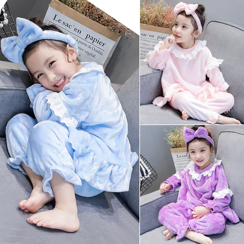 

2019 Spring&winter Children Pajamas Sets 2-7 Years Princess Coral Velvet Pajamas Three Pieces Set Children's House Clothe Suit