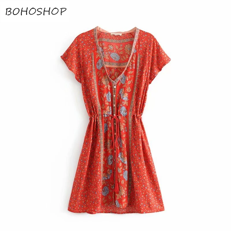 

Vintage Chic women hippie floral print deep V-neck sashes tassel Bohemian mini dress ladies short sleeve Boho dresses vestidos