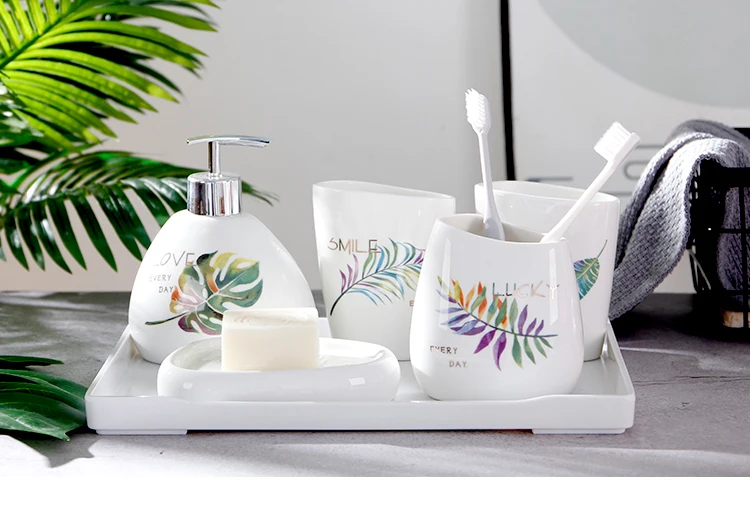 Креативный керамический набор для ванной комнаты с цветными листьями, набор для ванной комнаты с чашкой для рта, набор из пяти предметов для хранения в ванной, украшения для дома