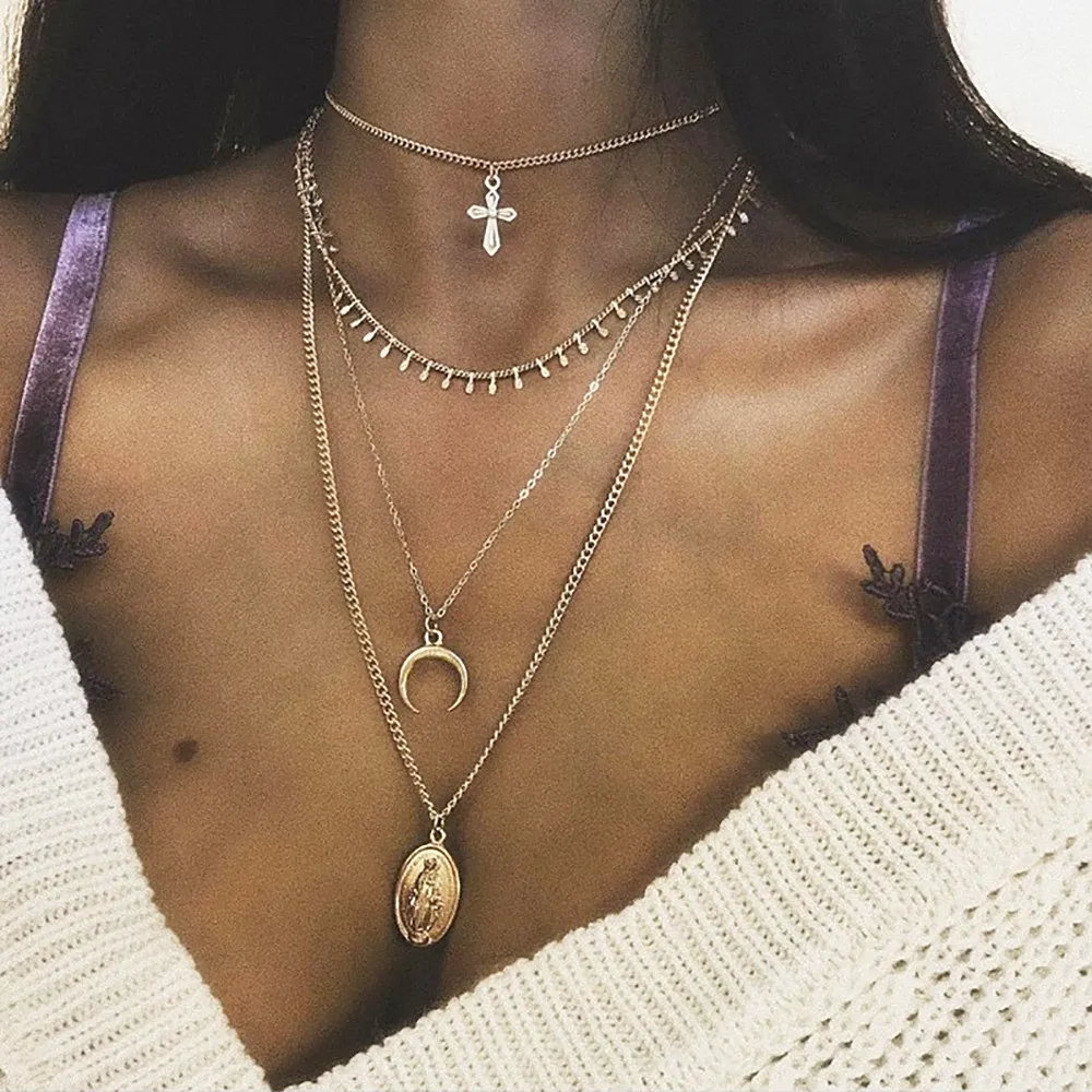 

KISSWIFE Bohemian Pendant Necklace Retro Cross Moon Multi-layer Necklaces Trendy Jewelry Accessories for Women Daily 2018 New