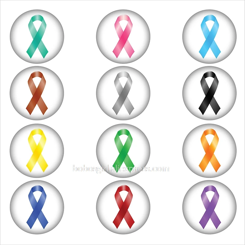 cancer ribbon glass snap button DIY jewelry Round photo cabochons flat back DA1134 - Окраска металла: 12pcs Mixed Set