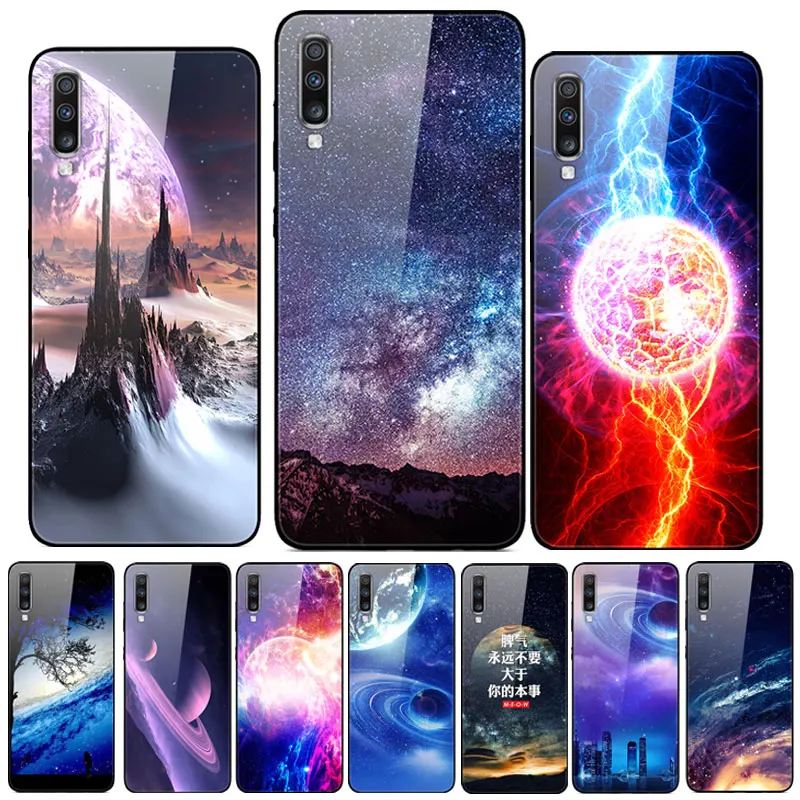 Чехол для samsung Galaxy A70, чехол, закаленное стекло, задняя крышка, твердый чехол с рисунком для samsung A70 A 70, чехол, TPU, бампер, Funda A705F