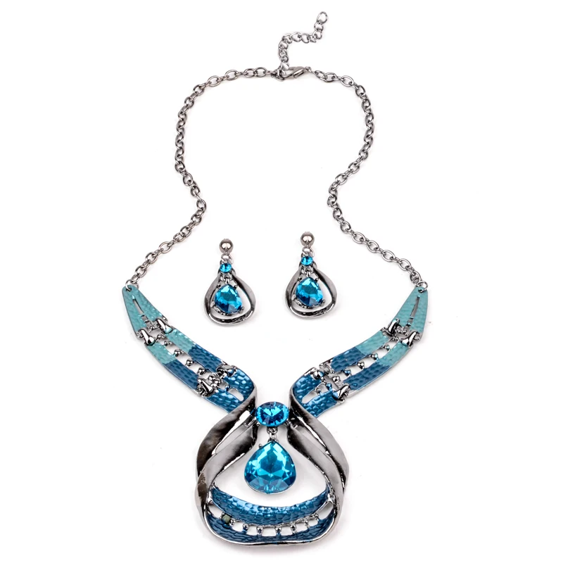 Austrian Crystal Jewelry Sets Fashion Blue Choker Collar Necklace dangle earring Jewellery Silver Plated Bridal Wedding Jewelry