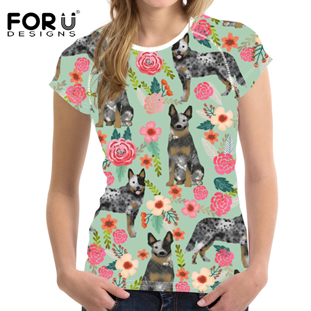 

FORUDESIGNS Funny Australian Cattle Dog Printed Women T Shirt Ladies Florals Cream Pattern T-shirt for Females Cute Puppy Tops