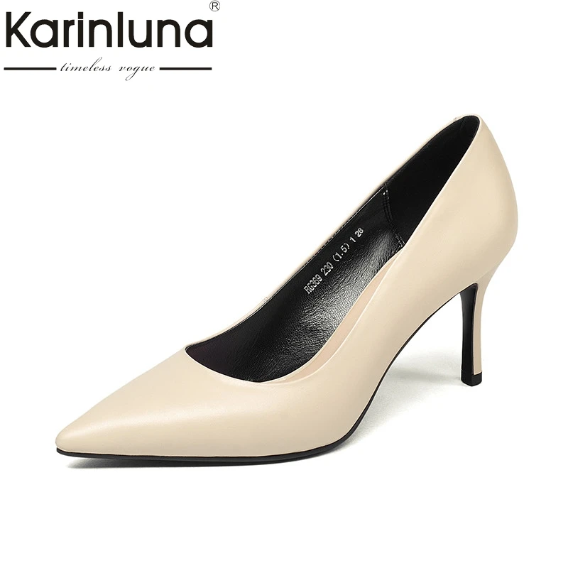 

KarinLuna 2018 Spring Autumn Concise Style Women Pumps High Heels Shallow Ol Shoes Woman Genuine Leather Pointed Lady Shoe
