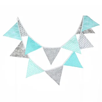 

12 Flags 3.2m Blue Dot Silver Flowers Cotton Fabric Bunting Pennant Flags Banner Garland Baby Shower/Outdoor DIY Home Decoration