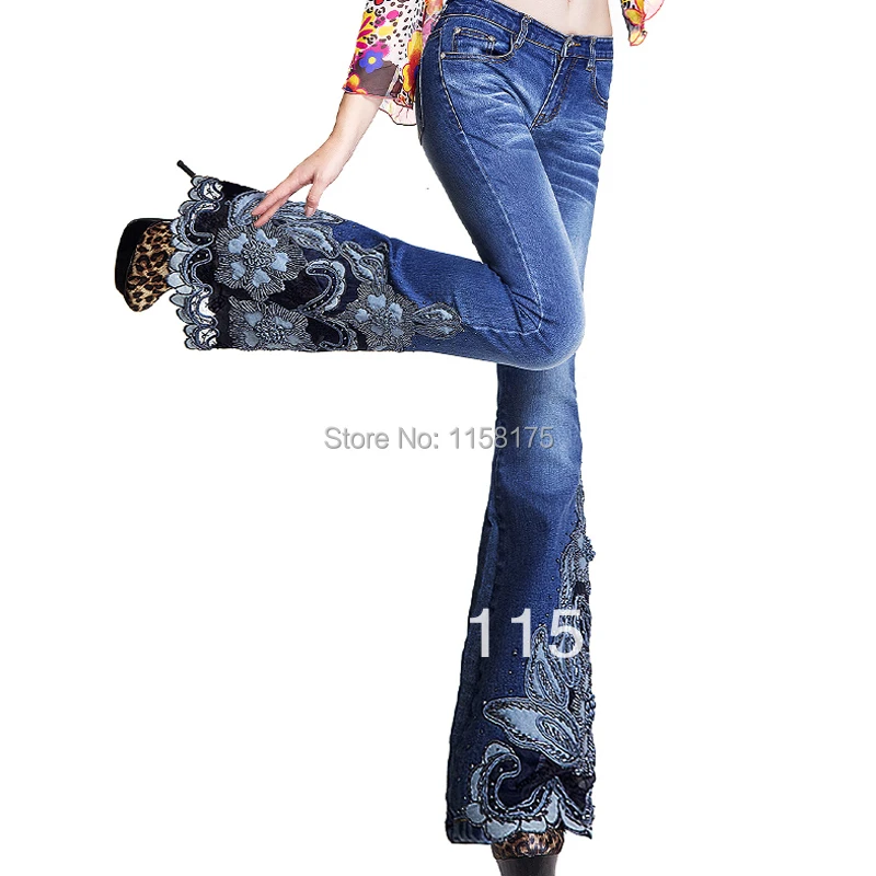 Fashion Brand Embroidery Women Denim Wide Leg Pants Flower