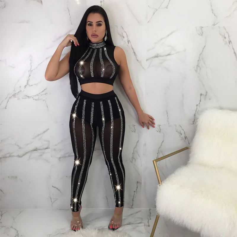 And Pants Glitter Women Piece Transparent Clothing 2 Two Sexy Set Size Suit Top Black Plus Sequin Bodycon Cropped Mesh PrvwPHgq