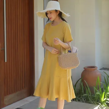 

2019 spring and summer new Korean women's loose solid dress ruffles cotton short-sleeved dress long female vestidos mujer