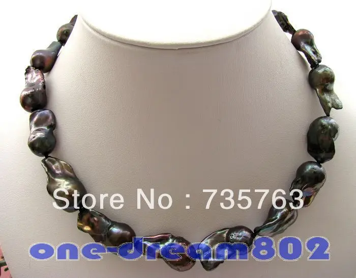 

HOT 00135 17"21mm baroque black keshi reborn pearl necklace 925silver clasp