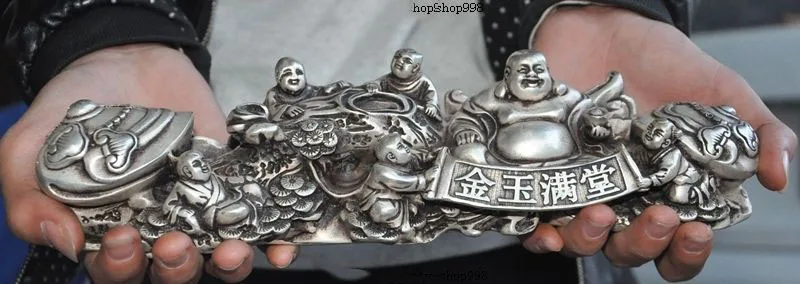 

christmas old Chinese silver 5 Boys Happy Laugh Maitreya Buddha Auspicious wealth Ruyi halloween