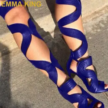 

Blue Black PU Leather Women Over The Knee Gladiator Sandals Boots Lace Up Ladies Stiletto Thin High Heels Woman Summer Shoes 40