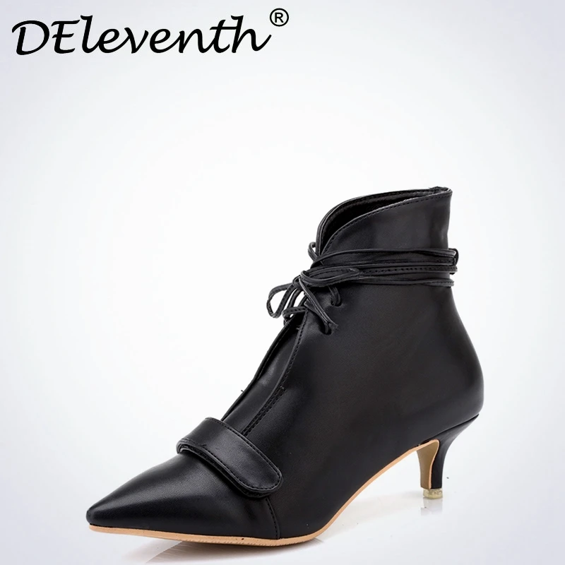 

2016 Winter Hook&Loop Design Noble Ankle Boots Pointed Toe Gladiator V-string Cross Strap Shoes Woman Popular Black High Heels