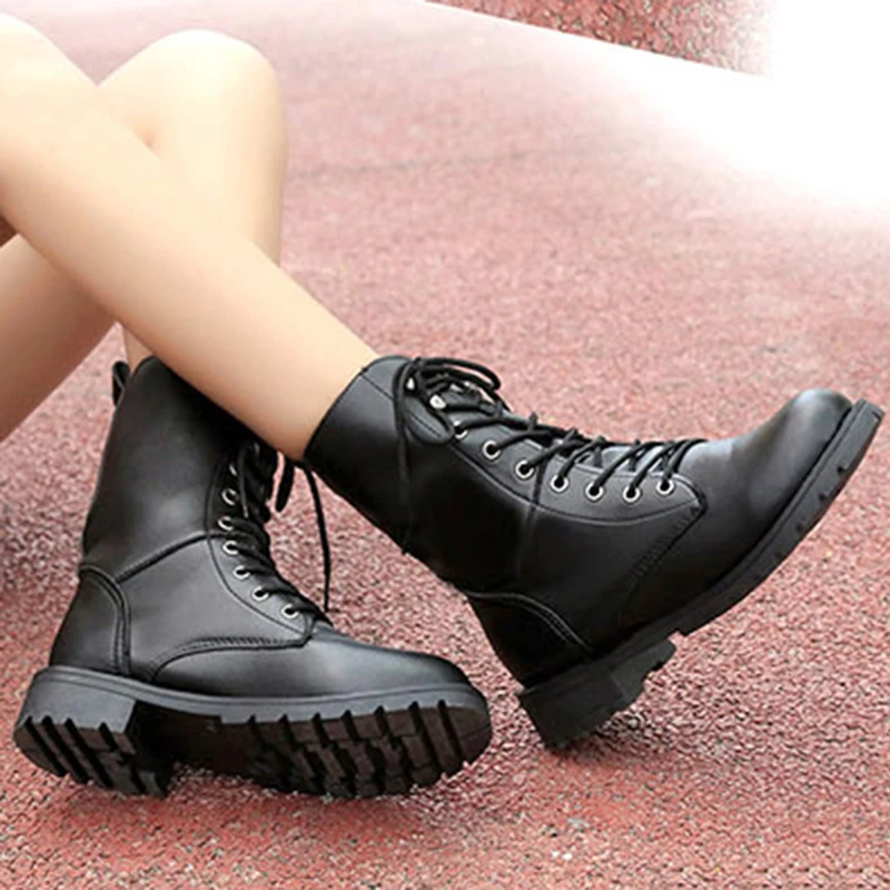 

Women Boots PU Leather Lace Up Rivets Thick Heel Ankle Boots Spring Autumn Shoes Women Fashion Martin Boots For Femme