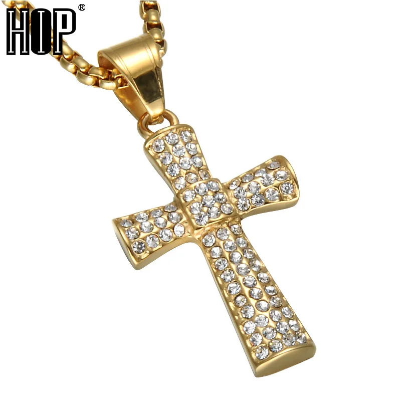 

HIP Hop Ice Out Micro Pave Full Rhinestones Gold Color Stainless Steel Christian Cross Pendant & Necklaces for Men Jewelry