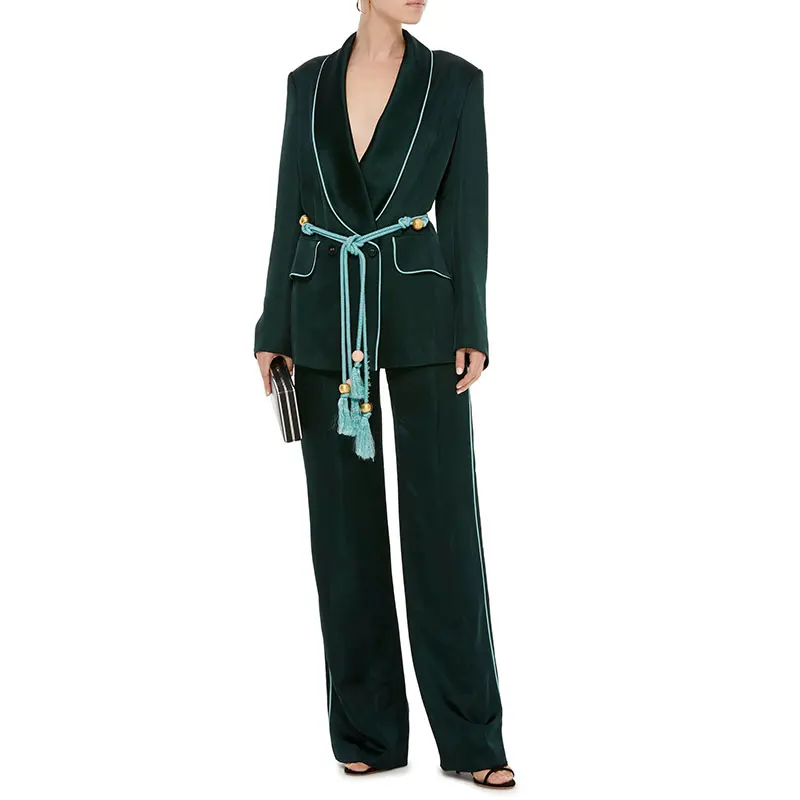 

2018 Caltwalk Fashion Autumn Women Long sleeve Turn Down Satin Luxury Coat + Full Lenght Wide Leg Pant 2 Pieces Set Suit C2496