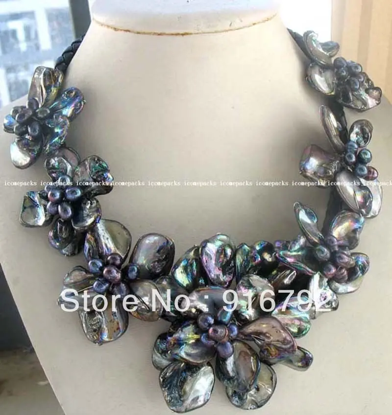 

Wholesale free shipping freshwater pearl sea shell flower black 18.5" necklace