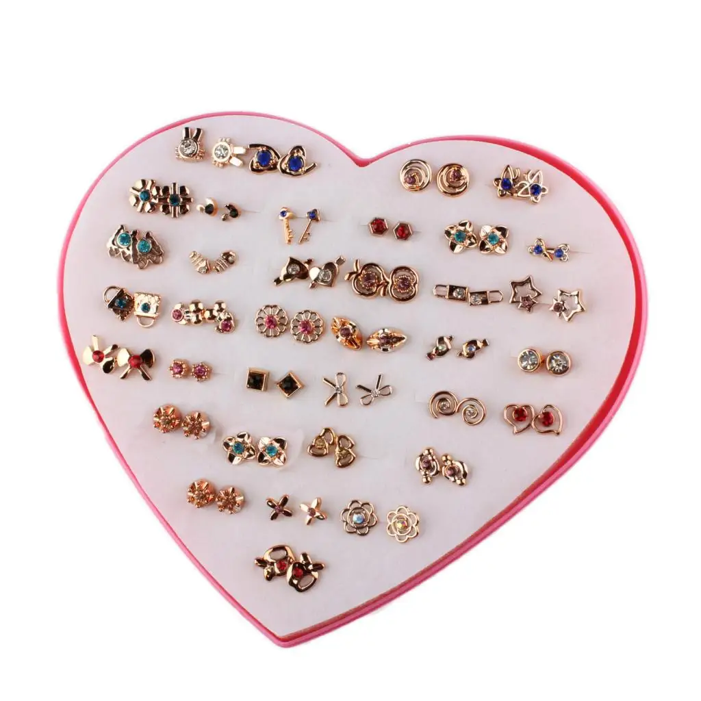 36 Pairs Women Girl Kid Different Colorful Shape Stud Earrings Birthday Valentine Party Gift with Heart Organizer Box
