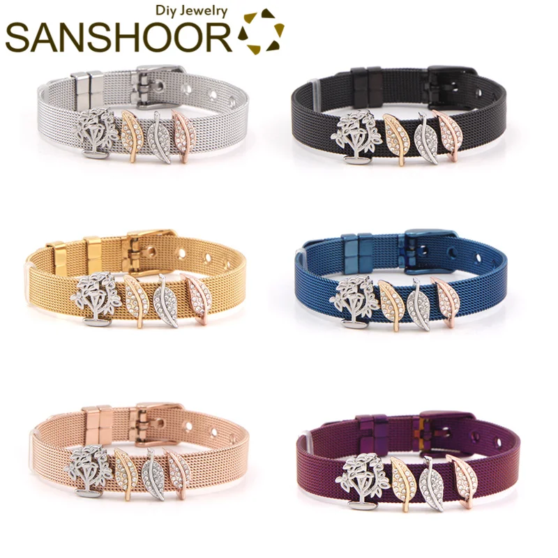 

SANSHOOR Personalized Stainless Steel Keeper Bracelet Set With Life Tree Crystal Leaves Slide Charms As Women Best Gifts 1Set