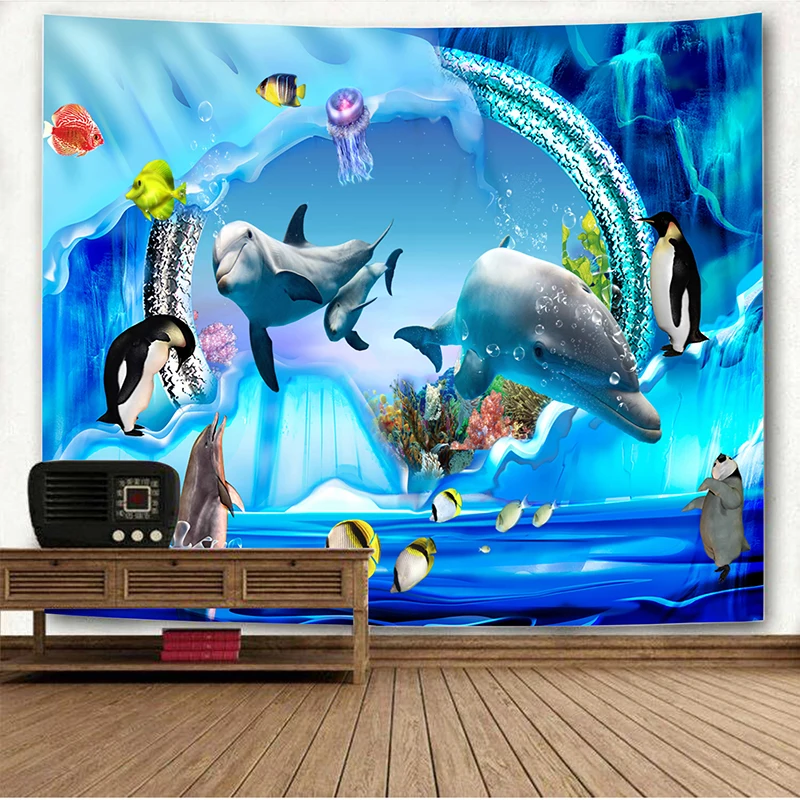 

Large 200x150cm Mandala Indian Tapestry Wall Hanging 3D Cartoon World Dolphin Penguin Bohemian Beach Mat Polyester Blanket Yoga