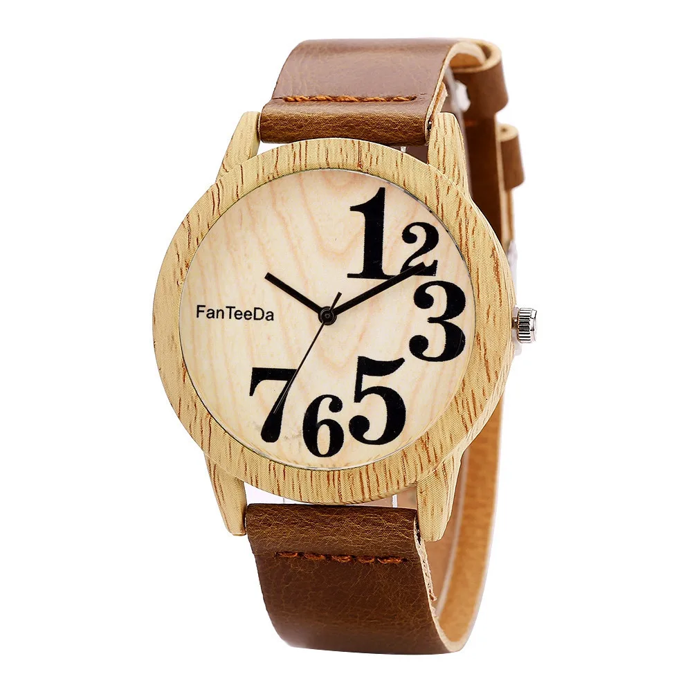 

FanTeeDa PU leather watches#FD071 fashion Wooden Light Brown Number (1234567) Unscaled Quartz Wrist Watch relogio feminino A80