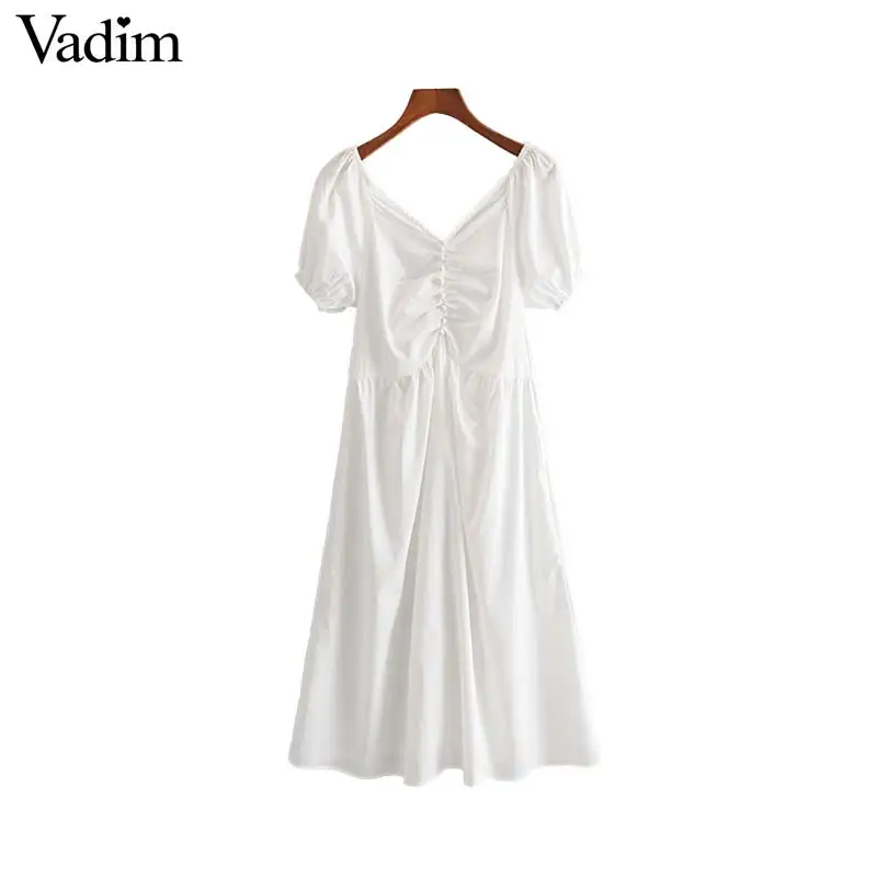 

Vadim women stylish white V neck backless midi dress short sleeve buttons back split pleated design female casual dresses QB981