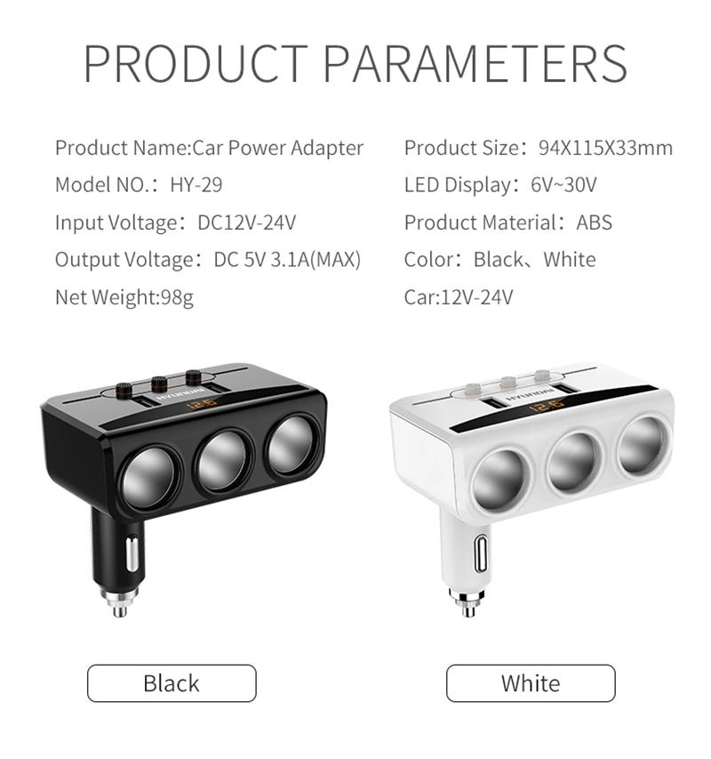 Автомобильный Разветвитель Прикуривателя с 3 гнездами, 2USB порта, адаптер зарядного устройства с переключателем, светодиодный дисплей с определением напряжения