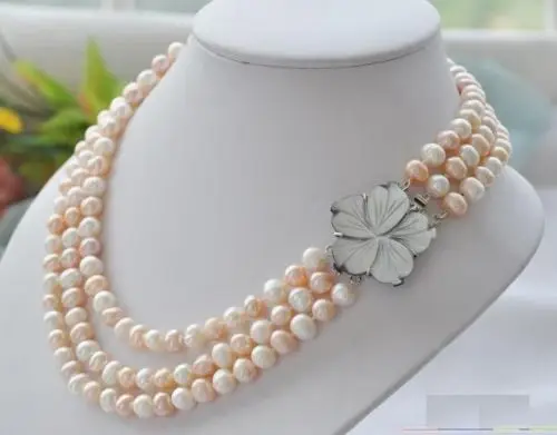 

huij 001316 WHOLESALE 3 Row 8-9mm AKOYA WHITE PINK PEARL NECKLACE FLOWER CLASP