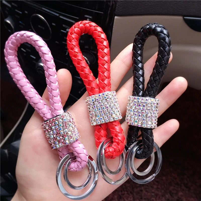Crystal Handmade Leather Rope Woven Keychain Metal key rings Key Chains