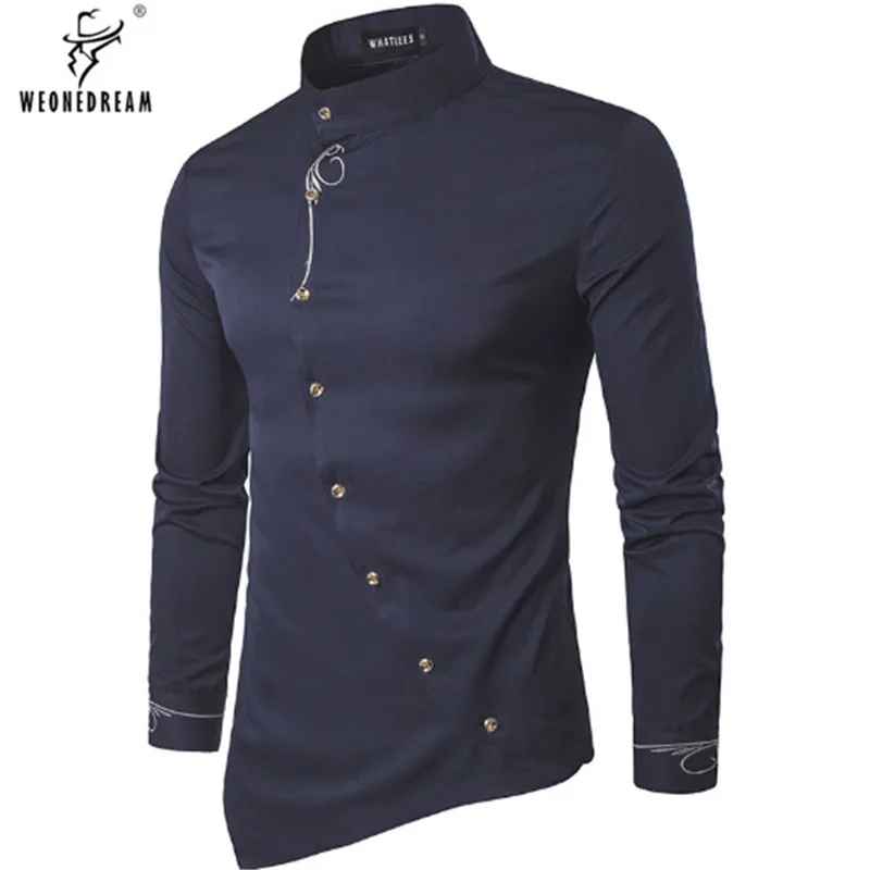

WEONEDREAM Men Shirt Brand 2018 Male Long Sleeve Shirt Casual Slant buckle Irregular Slim Fit Man Dress Shirts New Design