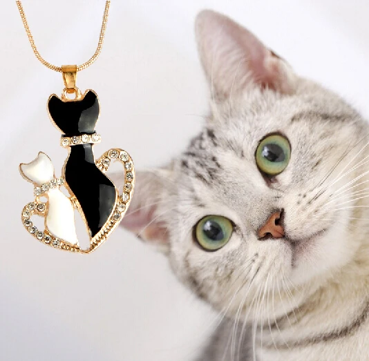 

Cute white black gold color Snake Chain kitty cat pendant necklace half heart crystal cat shadow necklace for women lovely gift