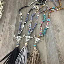 2016 Nueva Artesanía Étnica Tíbet Plata Tauren Cuero Joyería de La Vendimia de La Borla Collar Largo Colgantes