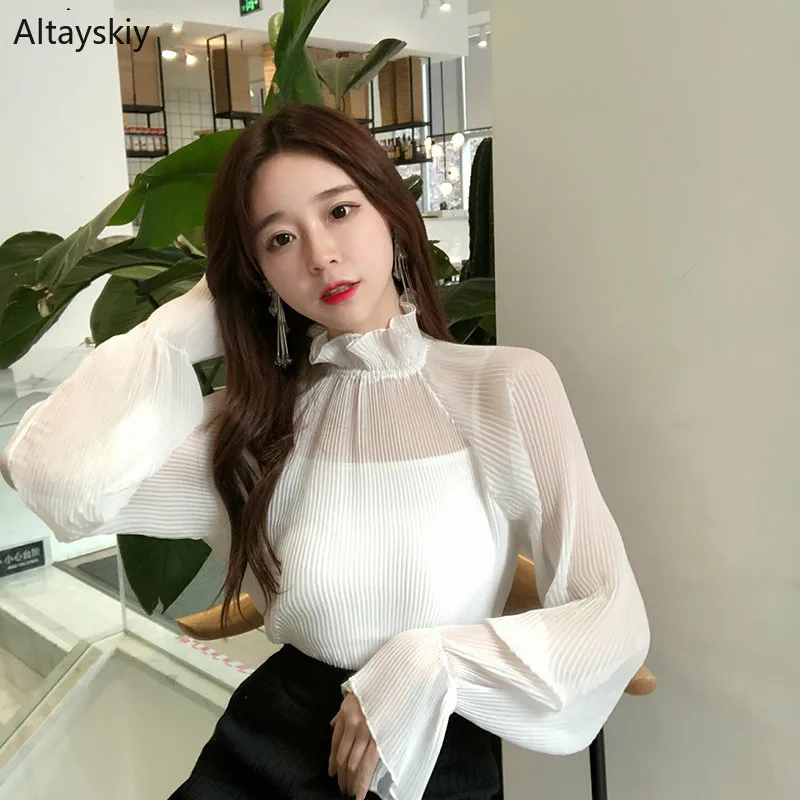 

Shirts Women 2019 Chiffon Sweet Solid Flare Sleeve Turtleneck Cute Loose All-match Shirt Leisure Soft Blouses Trendy Chic Womens