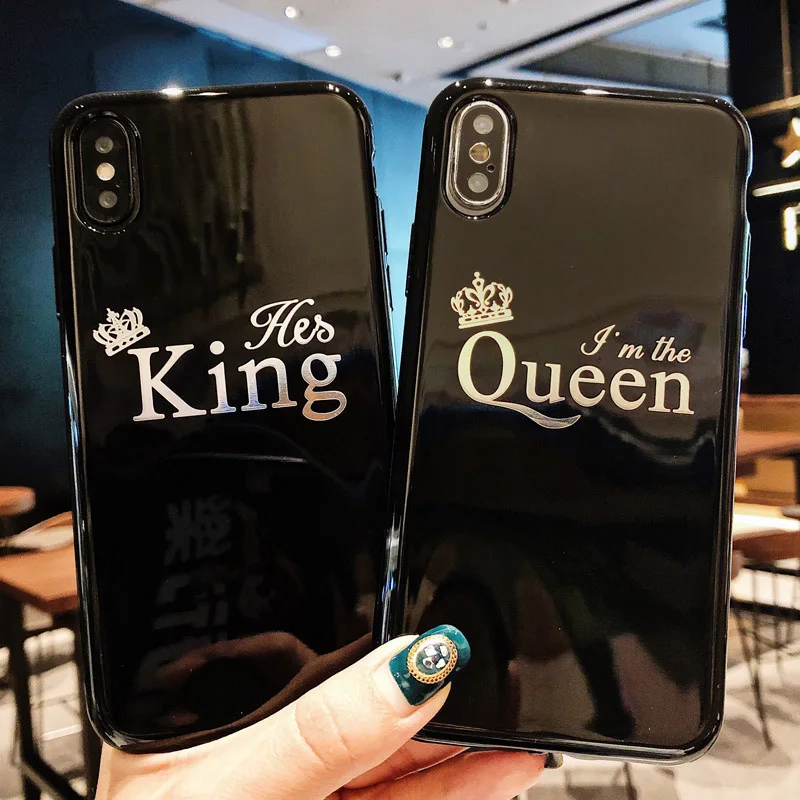 

Glossy Cartoon Crown Phone Case For iPhone X XS Letter KING QUEEN Back Cover For iPhone 8 7 6 6S Plus Soft TPU Silicone Cases