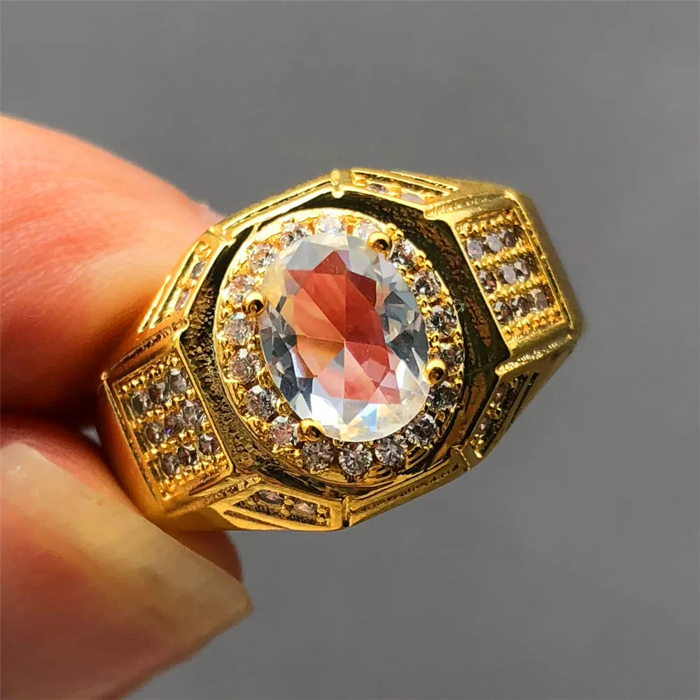 

Gorgeous Male Female White Oval Stone Ring With Crystal Zircon Fashion 18KT Yellow Gold Filled Wedding Jewelry Promise Rings