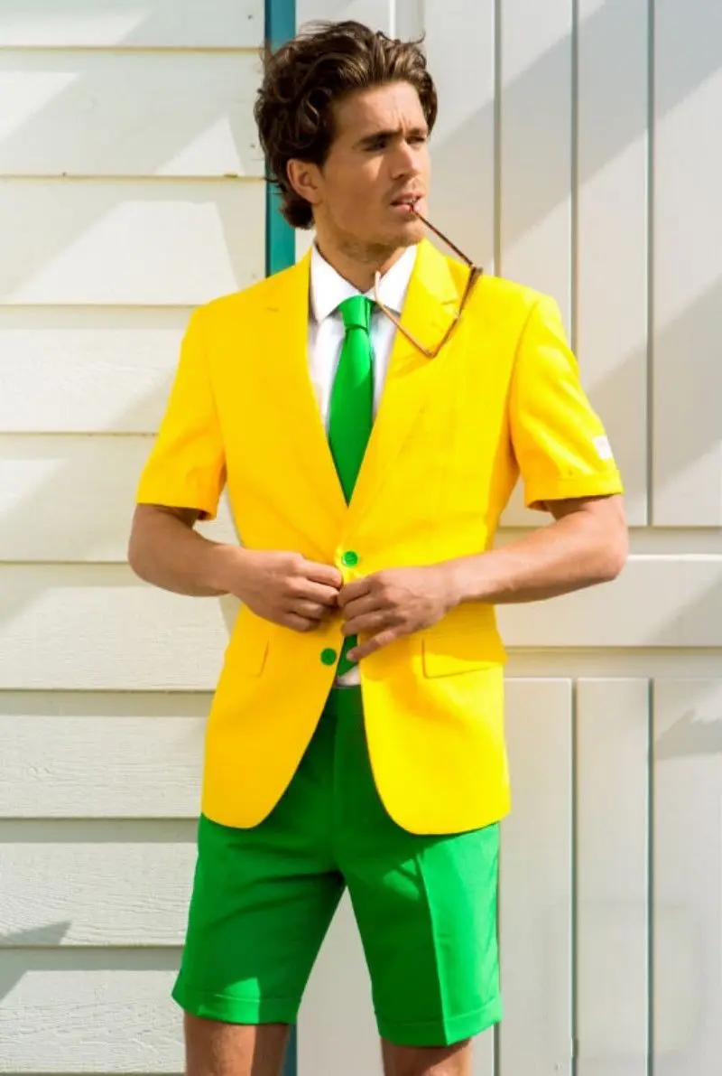 

Summer Fashion Yellow& Green Men's Suits Shorts Beach Wedding Custom 2018 NEW