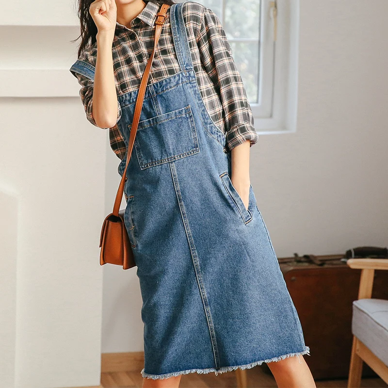 Spring solid color Denim Strap Dress Women Pocket brushed hem Jean Strap knee length Dress Female College style Overalls