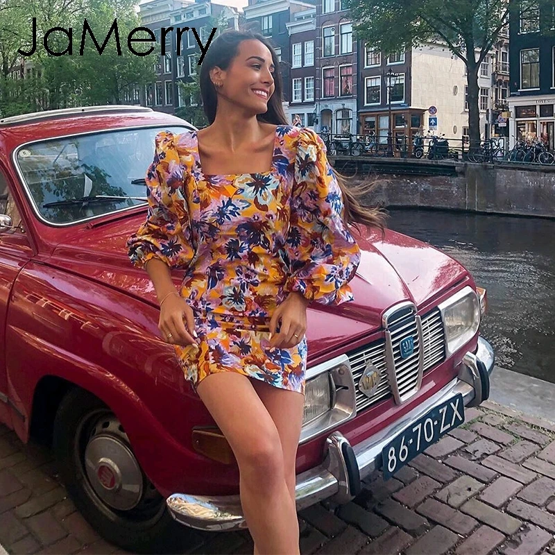 

JaMerry Vintage sexy print women dress Long puff sleeve mini female holiday dresses Party straight floral vestidos dress 2019