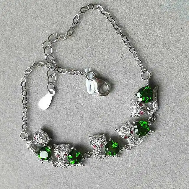 Naturel vert diopside Bracelet naturel pierre précieuse personnalité mignon renard Bracelet 925 arg
